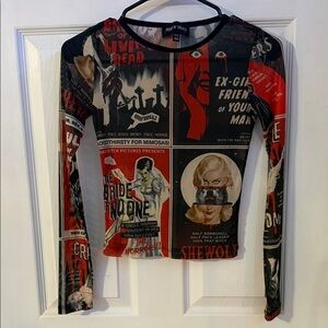 Dolls Kill (Trickz n’ Treats) Graphic Horror Collage Sheer Mesh Long-sleeve top